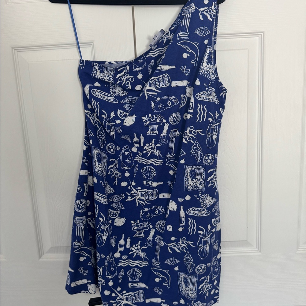 Madewell x Lisa Says Gah Blue and White one shoulder